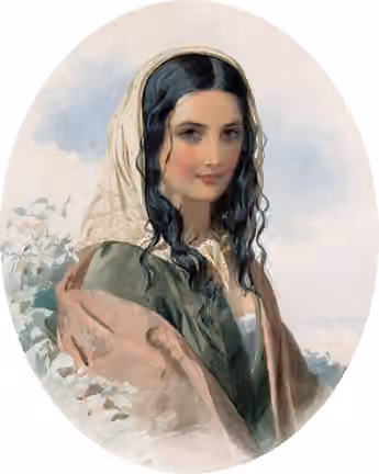 Romani people in the United Kingdom — Portrait of a gypsy woman, watercolour on paper, 31 x 25 cm, of oval format