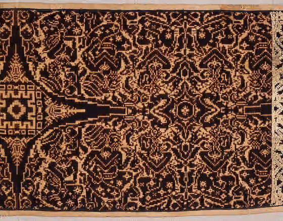 Kain gringsing — Indonesia, East Bali, Tenganan Pegeringsingan, 19th century Costumes Resist-dyed cotton warp and weft (double ikat), plain weave, couched metallic foil-wrapped thread Gift of Mary F.