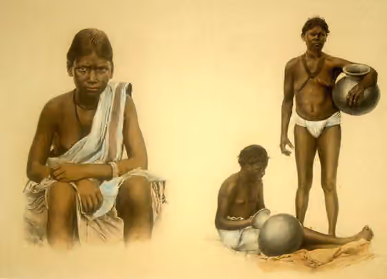 Ho people — From Dalton's "Descriptive Ethnology of Bengal," 1872; engravings with modern hand coloring: "Bendkar: Male and Female"* "Bhotia: Man and Woman"* "Bhuiya: Male and Female"* "Fakial and Miri"* "Garos"* "Ho: Girl and Woman"* (represent this…