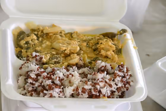 Bhutanese cuisine — The national Bhutanese dish - hemadatsi (chili peppers with yak cheese sauce) and rice (mix of Bhutanese red rice and white rice).