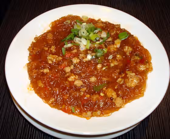 Semut memanjat pohon — glass noodles Szechuan cuisine 螞蟻上樹(mayishangshu), means “Ants climbing up a tree” - photo taken Taipei, Taiwan