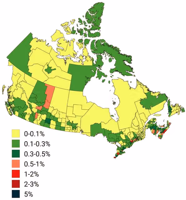 Lebanese Canadians — Population distribution of Lebanese Canadians in Canada by percentage of total population by census division, 2021 census
