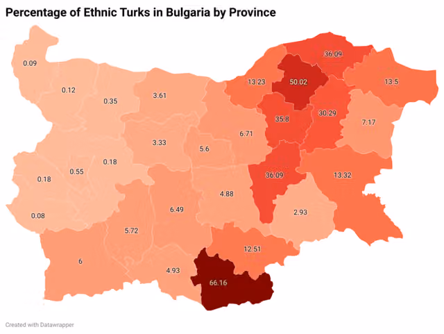 Turki Bulgaria — Percentage of Ethnic Turks in Bulgaria by Province according to the 2011 census.