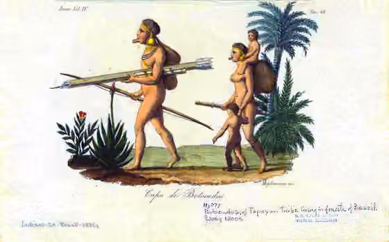 Aimoré — Chief of the Botocudos (Aymborés) Tribe, Brazil, showing tembeitera (lower lip disk), early print, Title Capo de Botocudos.