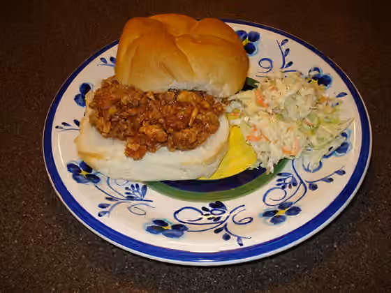 Sloppy joe — This is a real sloppy joe, also known as a smokey joe with the addition of BBQ sauce.