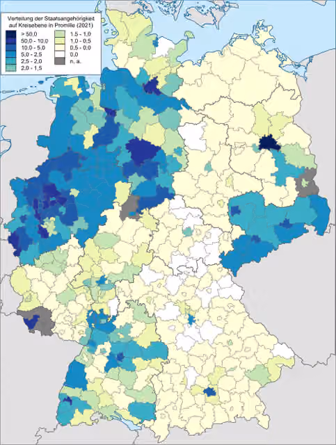 Lebanese people in Germany — Number of foreign citizens from the country described in the title that are registered at the German Central Register of Foreigners relative to the total population of the mentioned foreign nationals in Germany at the district level.