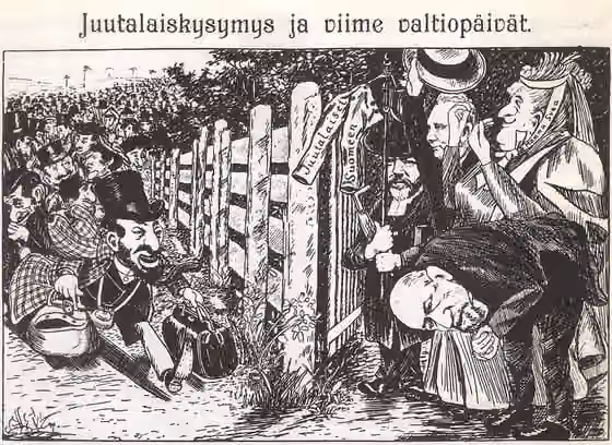 History of the Jews in Finland — Pilapirtäjän näkemys siitä, mitä olisi tapahtunut, jos Suomen säädyt olisivat päättäneet kumota juutalaisten maahantulokiellon; vasemmalla stereotyyppisesti kuvattuja juutalaisia saapumassa Suomeen.