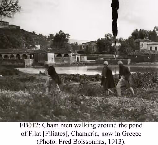 Cham Albanians — Cham men walking around the pond of Filat (Filates), Chameria, now in Greece