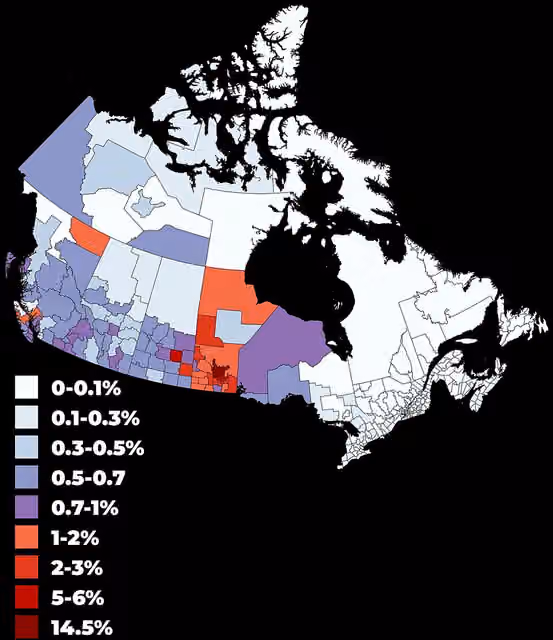 Icelandic Canadians — Population distribution of Icelandic Canadians in Canada by percentage of total population by census division, 2021 census