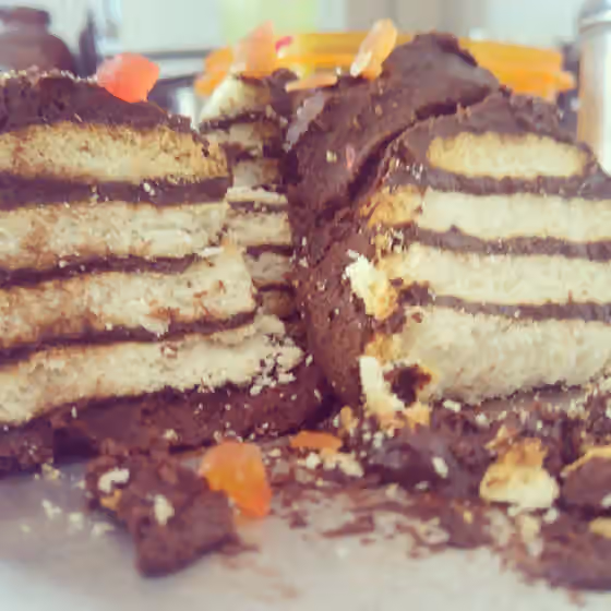 Biscuit cake — It is cake made by using the marie biscuits available.