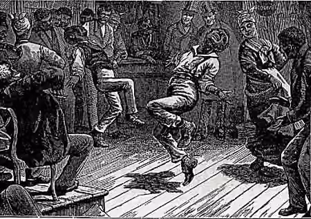 Juba dance — William Henry Lane ("Master Juba") dances in New York's Five Points District as Charles Dickens and a companion watch in the background.