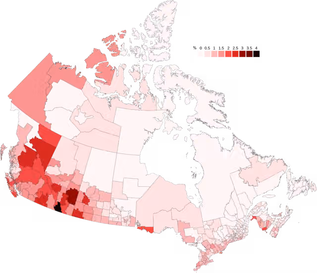 American Canadians — Map of American Canadians by census division.