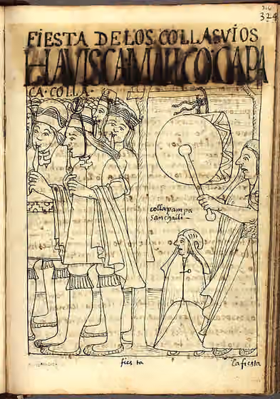 Llama llama — Depiction of the party of the Collasuyos presented in the 17th century book El Primer Nueva coronica y buen gobierno of Felipe Guamán Poma de Ayala .