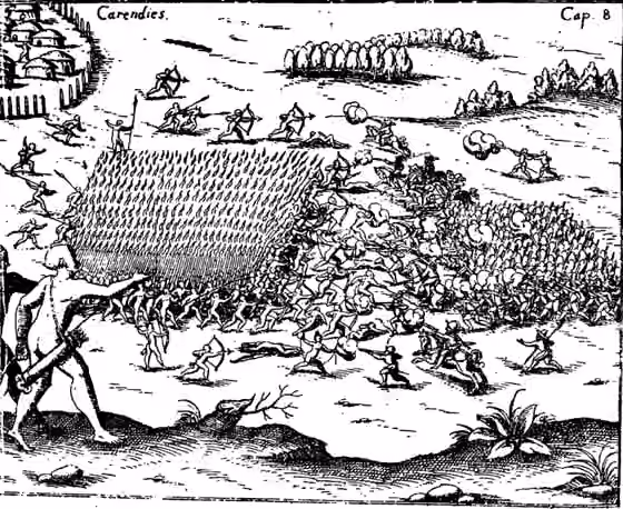 Querandí — Representación de los Carendies (Querandíes), los habitantes nativos de la región pampeana donde se implantó Buenos Aires, según el explorador Ulrich Schmidl, incluida en sus crónicas de 1599 acerca de su viaje al Río de la Plata de…