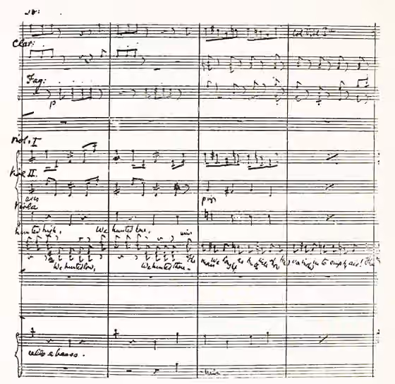 Theatre music — Page of Arthur Sullivan 's (1842-1900) manuscript score of The Yeomen of the Guard , printed in and scanned from Wells, Walter J, Souvenir of Sir Arthur Sullivan , London: George Newnes Ltd, 1901, p.