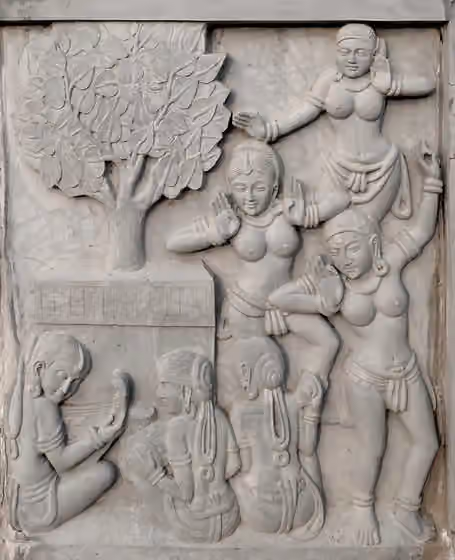 Buddhist music — 082 Music and Dancing Before the Bodhi Tree, Buddhavanam Stupa, Lower Register Reliefs, Telangana, photograph by Anandajoti Bhikkhu
