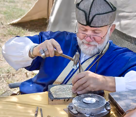 Coppersmith — Ancient Hungarian - traditional coppersmith master at work - near to Mako, Hungary