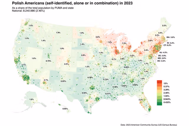 Polandia Amerika — Map of Polish Americans in 2023.