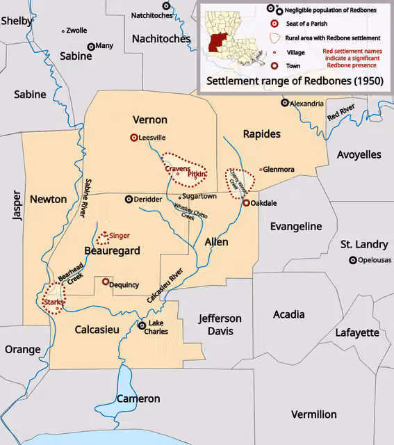 Redbone (ethnicity) — Map of Redbone settlements in Louisiana, 1950, based on a map by Edward Thomas Price Jr.
