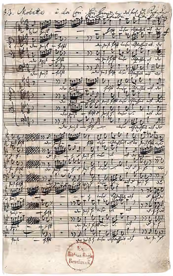Motet — Autograph der Motette Der Geist hilft unser Schwachheit auf (BWV 226), komponiert von Johann Sebastian Bach (1685–1750) zur Gedächtnispredigt der Universität Leipzig für den Professor der Universität und Rektor der Thomasschule Johann…