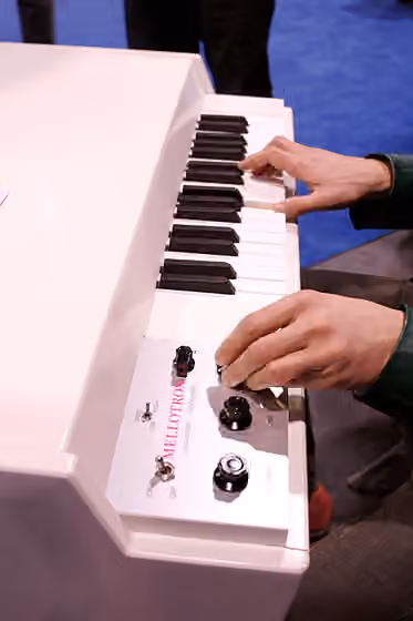 Mellotron — A Mellotron is a 1960s electro-mechanical keyboard that generates audio by playing back tapes, making it effectively an old school sampler.