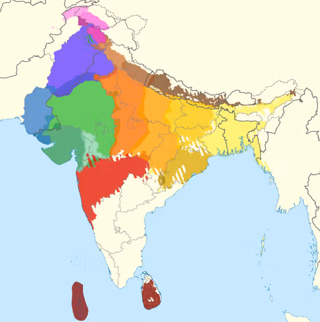 suku bangsa Indo-Arya — Map of major Indo-Aryan languages and language groups.