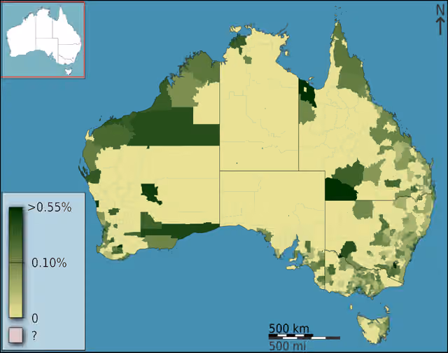 Thai Australians — People born in Thailand as a fraction of total persons, in Australia, Australia, according to the 2011 census results.