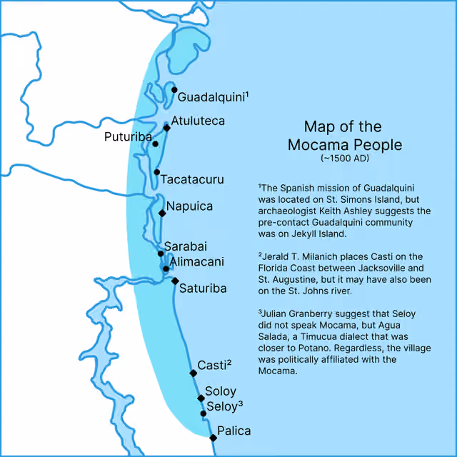 Mocama — The Mocama were a Timucua speaking people that lived on the Atlantic coast of Northern Florida and Southern Georgia.