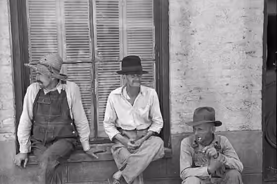 Poor White — TITLE: Frank Tengle, Bud Fields, and Floyd Burroughs, cotton sharecroppers, Hale County, Alabama.