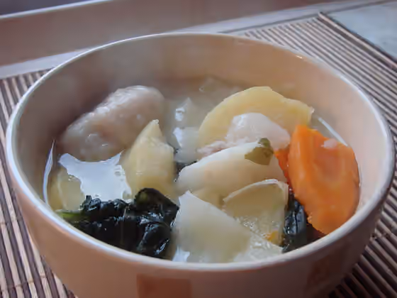 Boil up — Maori boil-up, a soup made from potatoes, pork bones, dumplings, cabbage and variety of another greens.