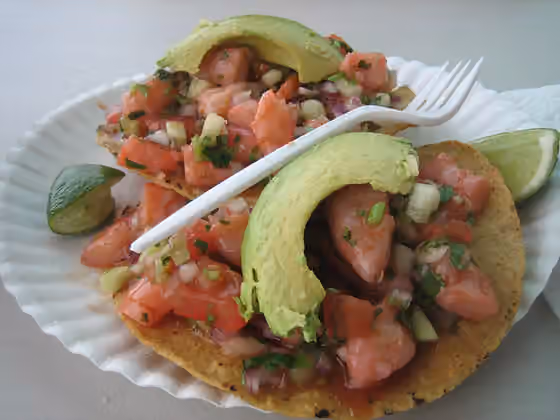 Cuisine of California — Shrimp tostadas (tostadas de ceviche de camarón) as served by Tacos Sinaloa (a taco truck ) in Oakland, California, USA
