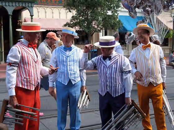 Vocal harmony — Barbershop quartet , Disneyworld, Florida, USA, Neel (red stripes), JC (light blue, usually sings with the Voices of Liberty at Epcot), Ken (purple), and Dan (Yes Really!