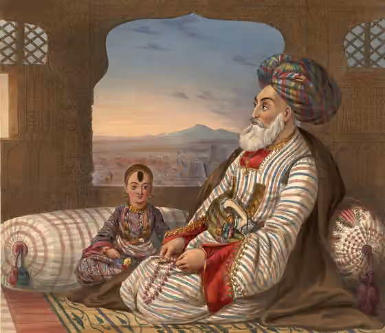 Barakzai — Dost Mahommed, King of Caubul, and his youngest son This is lithograph is taken from plate 2 of 'Afghaunistan' by Lieutenant James Rattray.