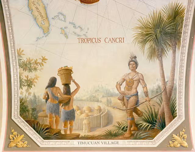 Timucua — EverGreene Painting Studios Oil on Canvas 1993-1994 Three Native Americans of northern Florida's Timucuan tribe are depicted near their village.
