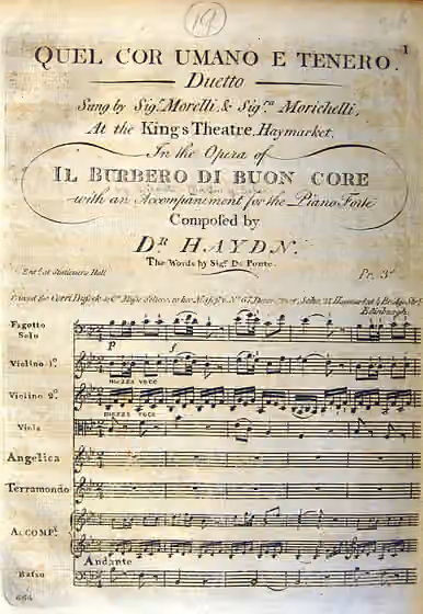 Insertion aria — Insertion duet composed by Joseph Haydn , words by Lorenzo Da Ponte , performed in Vicente Martin y Soler 's 1786 opera Il burbero di buon cuore is actually an adaptation of Haydn's duet "Quel tuo visetto amabile" from his 1782 opera…