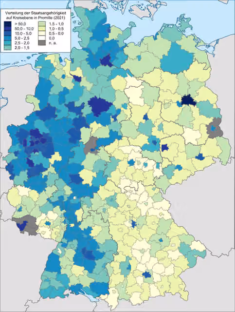 Syrians in Germany — Number of foreign citizens from the country described in the title that are registered at the German Central Register of Foreigners relative to the total population of the mentioned foreign nationals in Germany at the district level.