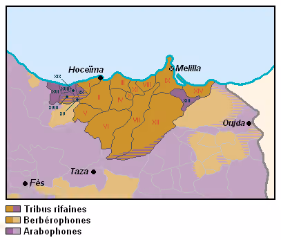 Riffians — Ethno-linguistic map of the Rif, cropped from File:Nord du Maroc, carte ethno-linguistique.PNG -Own made map-