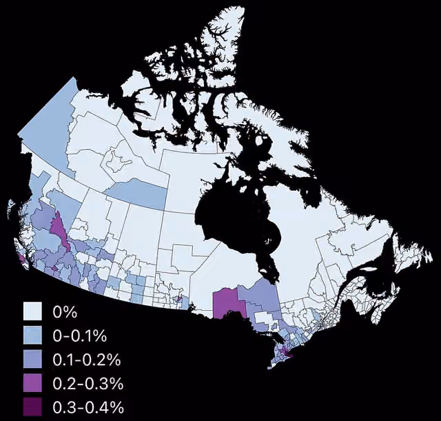 Slovene Canadians — Population distribution of Slovenian Canadians in Canada by percentage of total population by census division, 2016 census