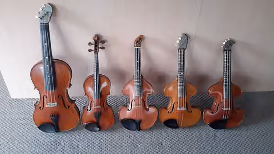 Tenor violin — Four 120 year old tenor violins with a fullsize violin 2nd from left for size reference.
