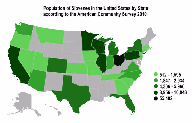 Slovene Americans — Map showing the population of Slovenes in the United States by State according to the American Community Survey 2010