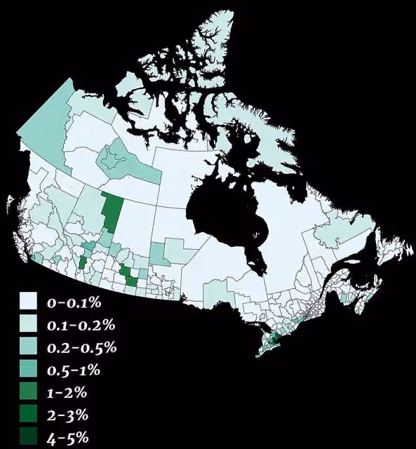 Pakistani Canadians — Population distribution of Pakistani Canadians in Canada by percentage of total population by census division, 2021 census