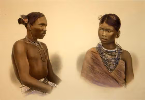 Munda — From Dalton's "Descriptive Ethnology of Bengal," 1872; engravings with modern hand coloring: "Bendkar: Male and Female"* "Bhotia: Man and Woman"* "Bhuiya: Male and Female"* "Fakial and Miri"* "Garos"* "Ho: Girl and Woman"* "Juang"*…