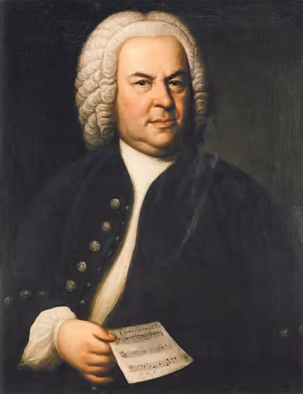Musik Barok — Johann Sebastian Bach (aged 61) in a portrait by Elias Gottlob Haussmann , second version of his 1746 canvas.