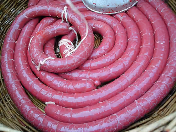 sosis darah — Blood sausage making: The blood sausage is filled, ready to be boiled.