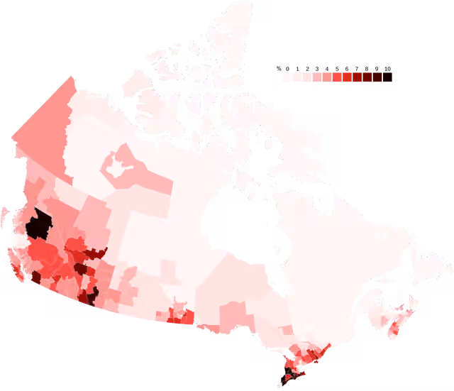 Belanda Kanada — Map of Dutch Canadians by census division.