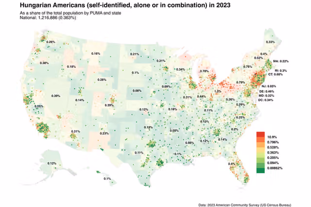 Hongaria-Amerika — Map of Hungarian Americans in 2023.