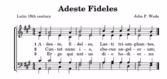 Hymn tune — Part of Adeste Fidelis, generated by LilyPond.