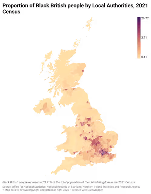 Kulit hitam Inggris — The ethnic classification of Black British people by Local Authorities, (England: Local Authorities: District / Unitary (as of April 2023); Scotland: Local authority (Council Area 2019); and Northern Ireland: Local Government Districts)…