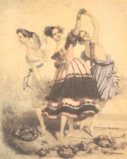 Romantic ballet — ballerinas (from left to right) Marie Taglioni (1804-1884) in the choreographer Filippo Taglioni (1777-1871) and composer Jean-Madeleine Schneitzhoeffer's (1785-1852) 1832 ballet "La Sylphide" ; Fanny Elssler (1810-1884) in the Danse…