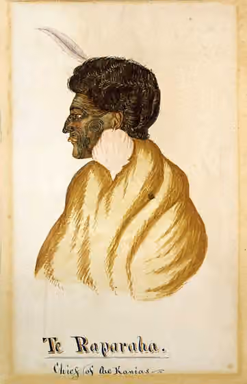 Ka Mate — A profile head and shoulders portrait of the Ngāti Toa chief Te Rauparaha, wearing a cloak, a pohoi ear ornament (made from albatross feathers), and a feather in his hair.